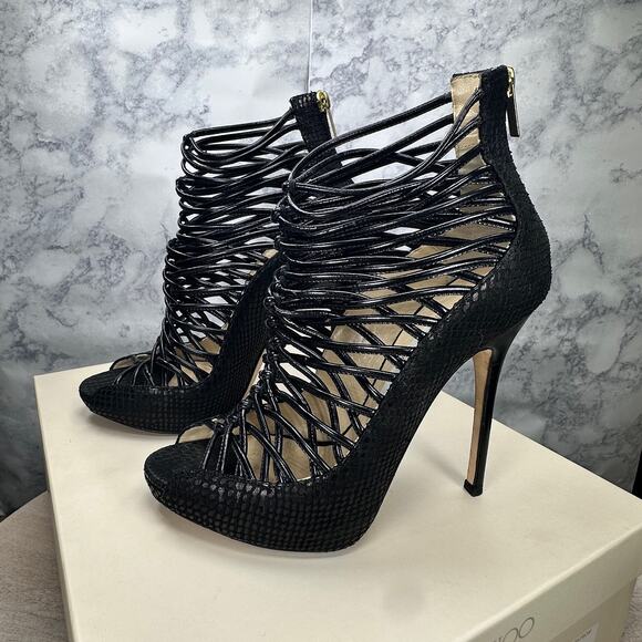 Jimmy Choo Black Embossed Leather Quito Cage Booties EU 39 Classy Party Shoes - Picture 13 of 16